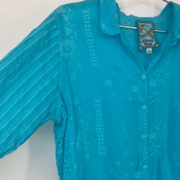 Johnny Was NYX Button Down Embroidered Eyelet Shirt Light Blue Size Medium - Picture 12 of 12